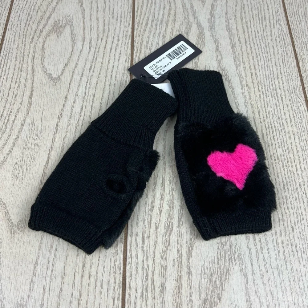 Jocelyn Intarsia Hearts Faux Fur Fingerless Knit Mittens OS Black Pink $75